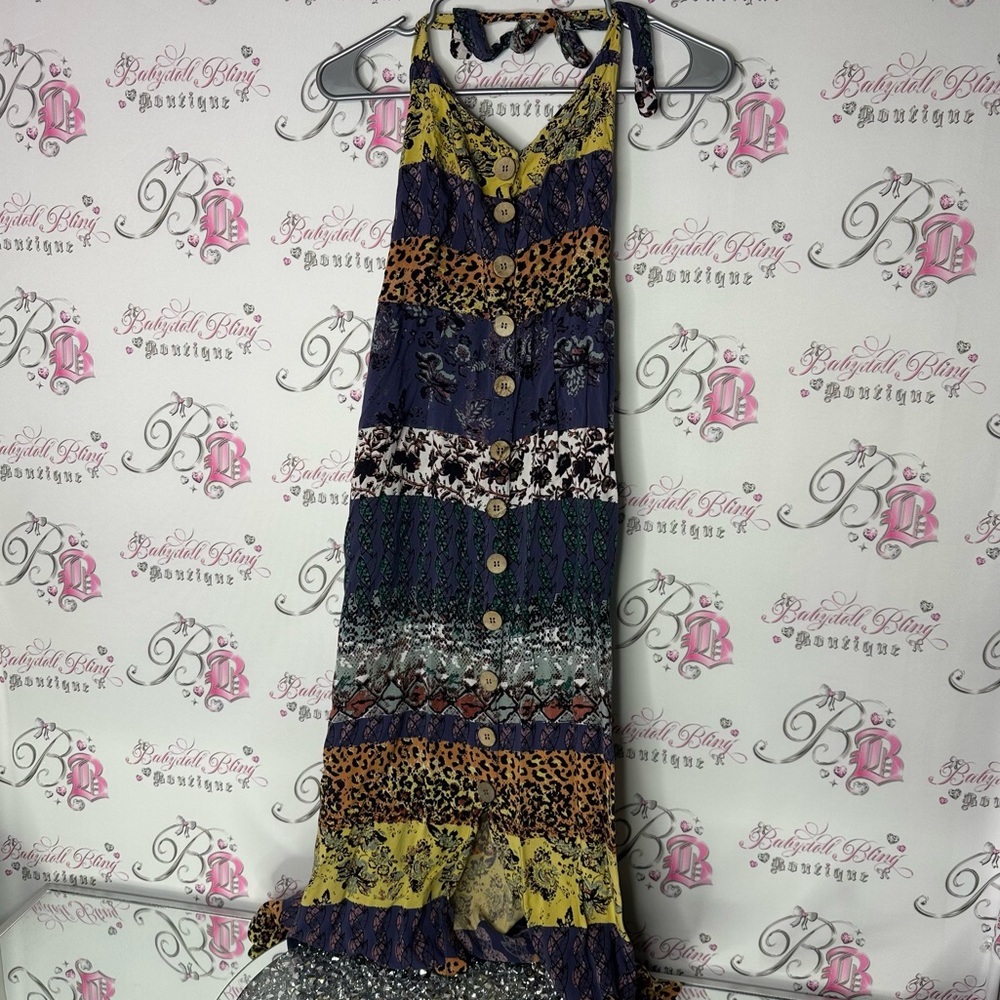 Angie dress animal print long maxi stripe buttons strappy back halter style